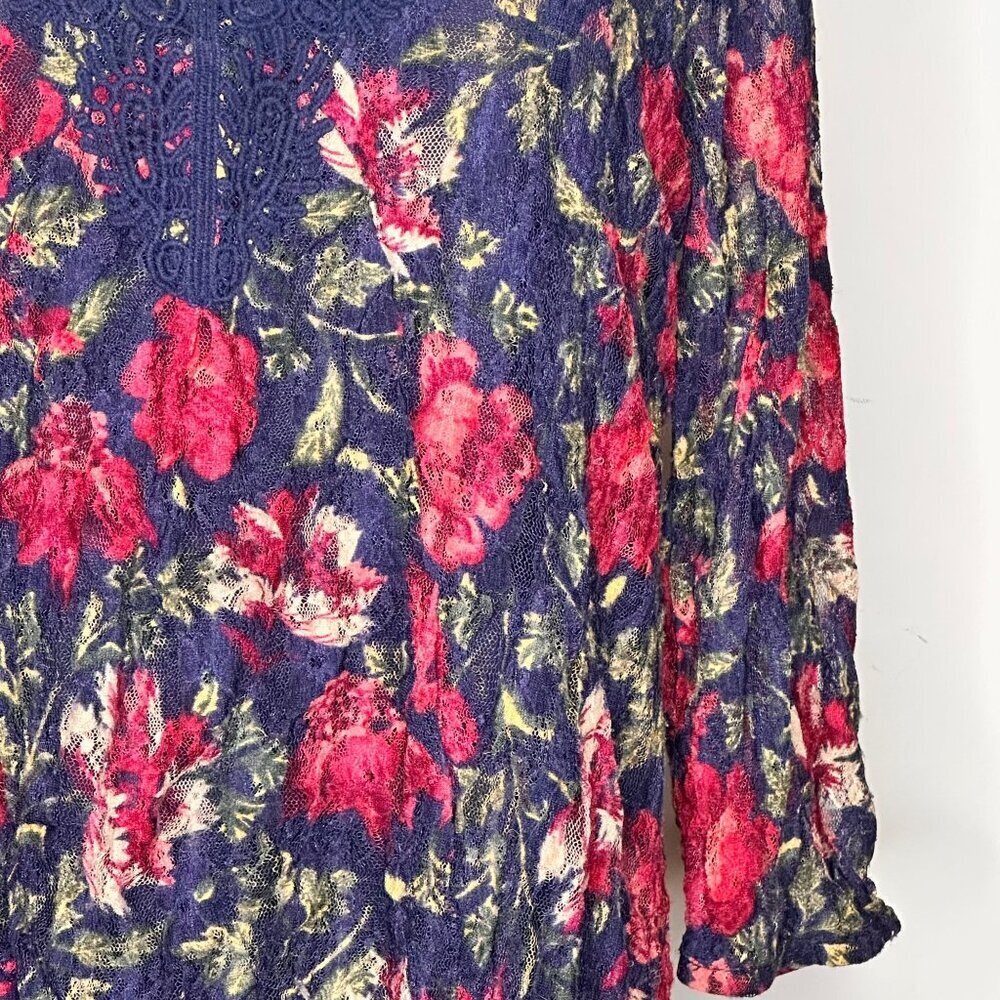 Lee  Floral Lace Tunic Top Womens XL Navy Hot Pink Flowy Cottage 90s Y2k Fairy - Picture 10 of 12